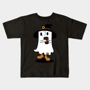 cute Ghost with witch hat drinking coffee Kids T-Shirt